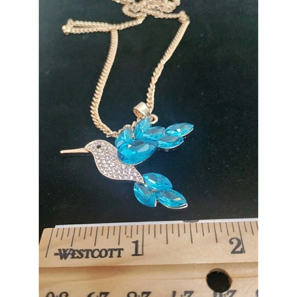 Light Blue Crystal Wing & Clear Rhinestone Hummingbird Necklace 20" Chain - Picture 2 of 4